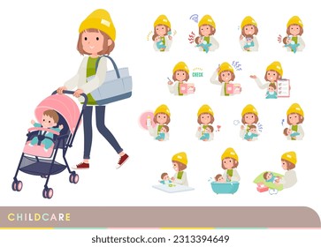A set of casual fashion women who take care of their baby.It's vector art so easy to edit.