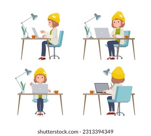 A set of casual fashion women working at a desk at a computer.It's vector art so easy to edit.