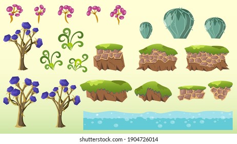 Set for casual games, vector game elements, trees, plants