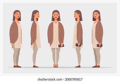 set casual girl teenager front side view female cartoon character different views for animation
