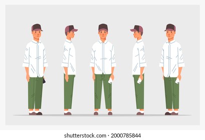 set casual guy with smartphone front side view male character different views for animation full length horizontal