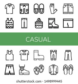 Set of casual icons such as Polo shirt, Singlet, Short, Trousers, Slippers, Handbag, Jeans, Boots, Shorts, Underpants, Undershirt, Tshirt, Leather shoe, Boot, Long sleeve , casual