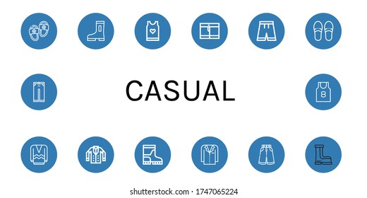 Set of casual icons. Such as Slippers, Boots, Tank top, Shorts, Short, Long sleeve, Jacket, Trousers , casual icons