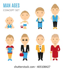 Set of casual man age flat icons. Vector man. Man life. Man aging stage. Man illustration. Cartoon man.Male growing man. Man concept.Comic man. Man people. Man collection. Man icon Cool man Casual man