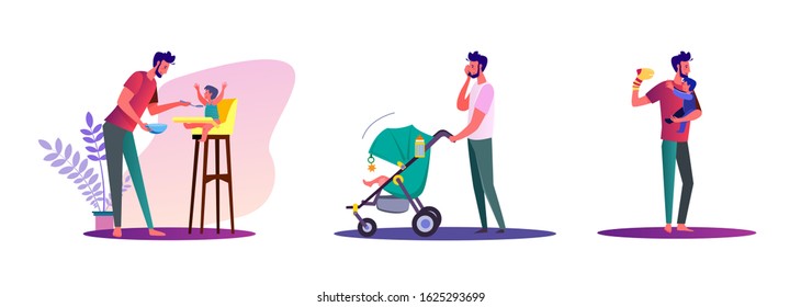 Set of casual men being single parents. Flat vector illustrations of young men spending quality time with their kids. Fatherhood and parenting concept for banner, website design or landing web page