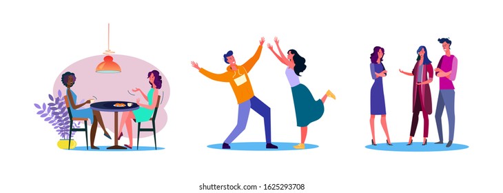 Set of casual men and women being friendly to each other. Flat vector illustrations of young people being friends. Friendship and relationship concept for banner, website design, landing web page