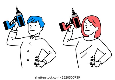Set of casual men and women holding impact drivers