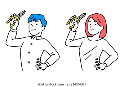 Set of casual men and women holding pliers