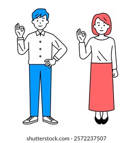 Set of casual men and women making OK signs (full body)