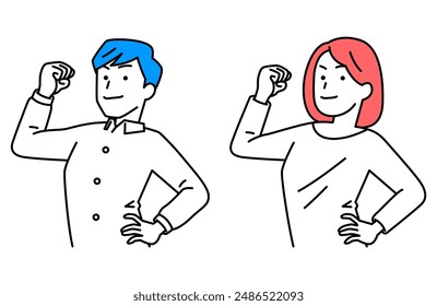 Set of casual men and women showing off their bicep muscles