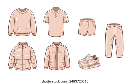 Set of casual men's clothing. Down jacket, polo, shorts, sneakers, sweater, pants and jacket. vector illustration.