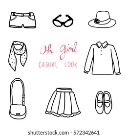 Set of casual outfits for women such as dress shirt, scarf, sunglasses, panama hat, skirt, flat shoes, shorts, shoulder bag. Casual look ideas for Girl Fashion. Vector illustration with doodle style.