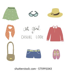 Set of casual outfits for women such as dress shirt, scarf, sunglasses, panama hat, skirt, flat shoes, shorts, shoulder bag. Casual look ideas for Girl Fashion. Vector illustration with doodle style.