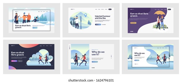 Set of casual people enjoying outdoors. Flat vector illustrations of men and women doing sports and walking outside. Leisure and active lifestyle concept for banner, website design or landing web page