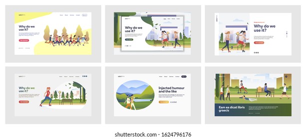 Set of casual people enjoying summer. Flat vector illustrations of men and women doing sports and walking outside. Leisure and active lifestyle concept for banner, website design or landing web page