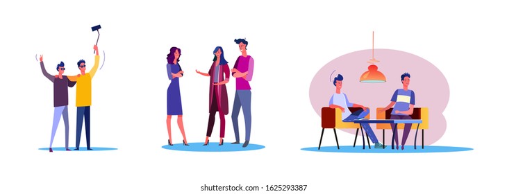 Set of casual people having fun together. Flat vector illustrations of men and women being friends. Friendship and relationship concept for banner, website design or landing web page