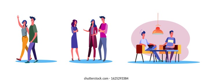 Set of casual people having warm friendship. Flat vector illustrations of men and women being close to each other. Friendship and relationship concept for banner, website design or landing web page
