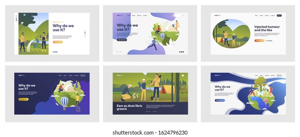 Set of casual people planting trees. Flat vector illustrations of men, women, and kids doing gardening outdoors. Leisure and hobby concept for banner, website design or landing web page