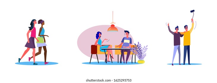 Set of casual people spending time together. Flat vector illustrations of men and women being friends. Friendship and relationship concept for banner, website design or landing web page