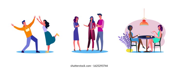 Set of casual people talking to each other. Flat vector illustrations of men and women hanging out together. Friendship and relationship concept for banner, website design or landing web page