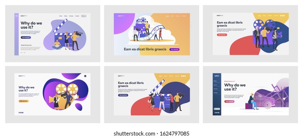 Set of casual people working in cinema. Flat vector illustrations of men and women with giant cameras and clapperboards. Cinema and films concept for banner, website design or landing web page