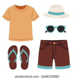 Set of men’s casual summer clothing and accessories including t-shirt, shorts, sunglasses, flip flops and hat