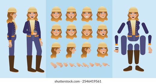 Set of casual teen or adult character design. Front and side view for animated character. winter themed casual girl character creation set with various expressions. Cartoon style, flat vector isolated