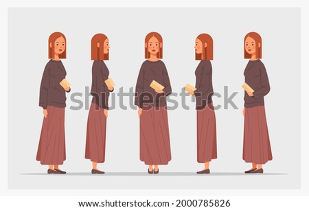 set casual woman front side view female character different views for animation full length