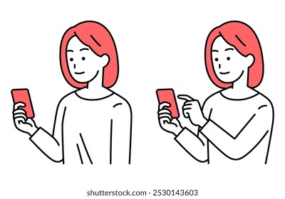 Set of casual women looking at smartphone screens and casual women operating smartphones