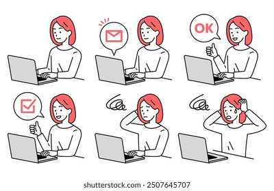 Set of casual women working on laptop