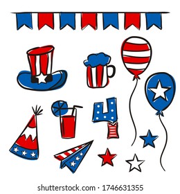 Set of casually drawn elements for Independence Day of the United States of America. Symbols of the USA in national colors. A set of items for July 4th. Vector illustration for poster design.