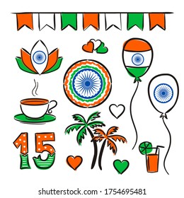 Set of casually drawn elements for Indian Independence Day. Symbols of India in national colors. A set of items for August 15th. Vector illustration for poster design.
