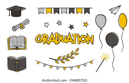 Set of casually drawn elements on the theme of graduation. Isolated doodle icons. Master's cap, flags, scroll, balloons, laurel. School Vector illustration for holiday posters, greeting cards, banners