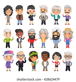 Set of casually dressed flat cartoon old people. Isolated on white background. Clipping paths included.