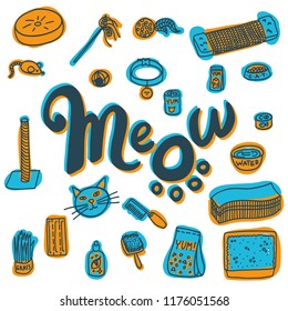 Set of cat accessories colorful doodle illustrations with Meow logo. Usable for pet brand, shop, blog. Toys, scratcher, collar, bowl with food and water, treats, grass, grooming tools, litter box.