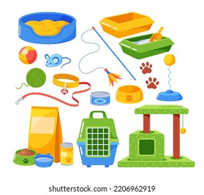 Conjunto de accesorios para gatos, comida en bolas y paquetes, juguetes, jaulas y postes para rascar. Correa con collar, pinturas de pata, comidas enlatadas y productos de tocador aislados para gatitos. Ilustración del vector de dibujos animados