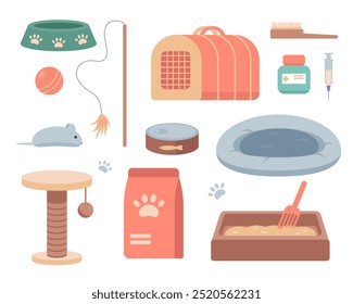 Katzenzubehör. Icons für Katzen- und Heimtierwaren. Spielzeug für Haustiere, Lebensmittel und Pflegeartikel. Sortiment von Tierarztpraxis für Haustiere. Vektorgrafik einzeln auf weißem Hintergrund.