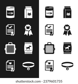 Set Cat award symbol, Certificate for dog or cat, Canned food, Bag of, Pet carry case and  icon. Vector