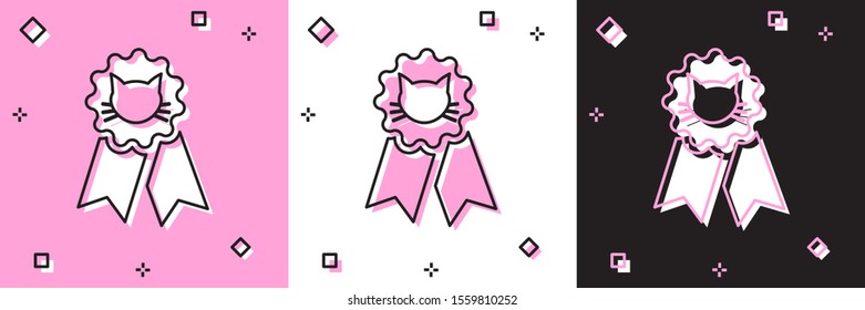 Set Cat award symbol icon isolated on pink and white, black background. Medal with cat footprint as pets exhibition winner concept.  Vector Illustration