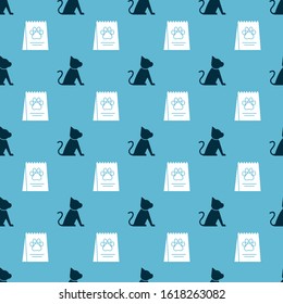 Set Cat and Bag of food for dog on seamless pattern. Vector