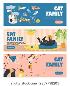 Set of cat banners concept. Kittens with balls and pillows at home. Comfort and coziness. Care abdout domestic animals and pets. Cartoon flat vector collection isolated on white background