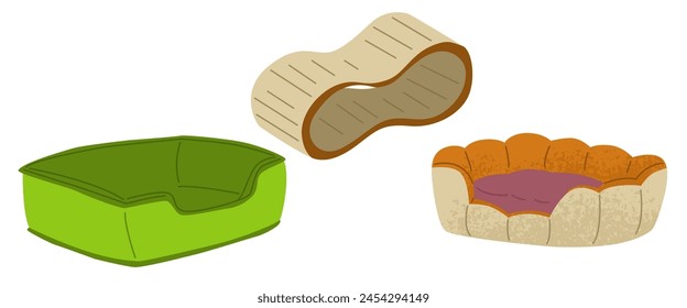 Set of cat beds. Cozy pillows for sleeping. Cat claw scratcher. Pet care. Design for stores with pet products. Home life of a cat. Vector illustration isolated on transparent background.