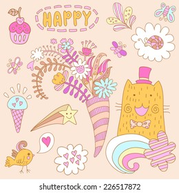 Set with a cat, bird, butterflies, star and a bouquet of flowers.