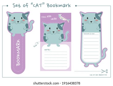 Set of cat bookmark for print and cut. Cute kitten bookmark and paper note printable vector design. 