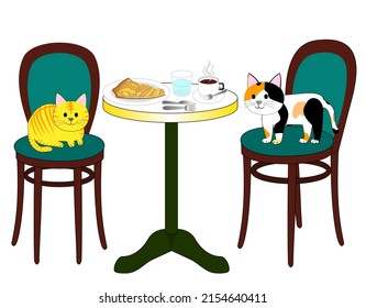A set of Cat cafe with white background: foods, drinks, cats and pieces of furniture