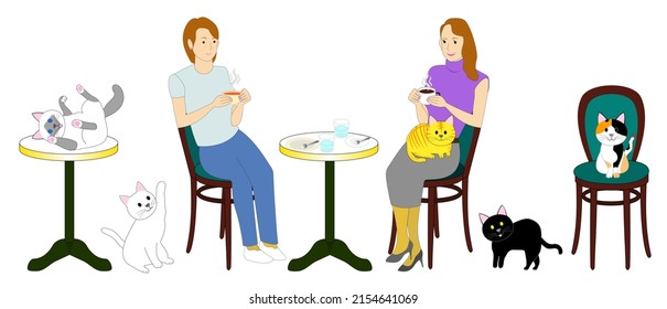 A set of Cat cafe with white background: foods, drinks, women, cats and pieces of furniture