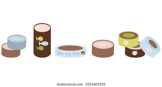 Set of Cat cannde food, Isolated Pet Food Icons. Yummy Snacks, Tin Cans with Tasty Meals. Cartoon Vector Illustration