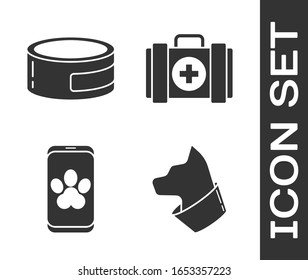 Set Cat, Canned food, Online veterinary clinic symbol and Pet first aid kit icon. Vector