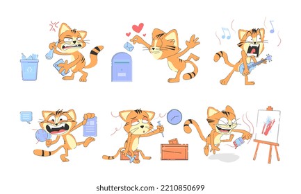 set of cat cartoon character designs with flat colors in different poses. cat cartoon character, cat mascot,