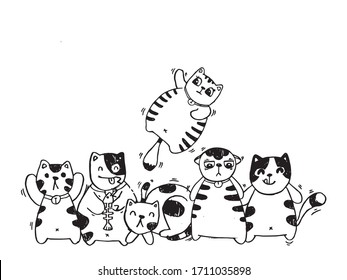 Set of cat cartoon character with different emotion vector doodles style.